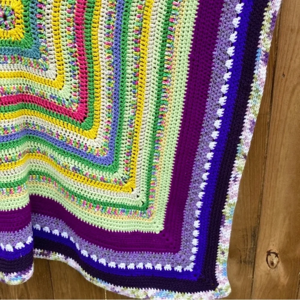 Small Handmade Crocheted Throw Blanket 54” x 52” Purple Green Yellow Pink